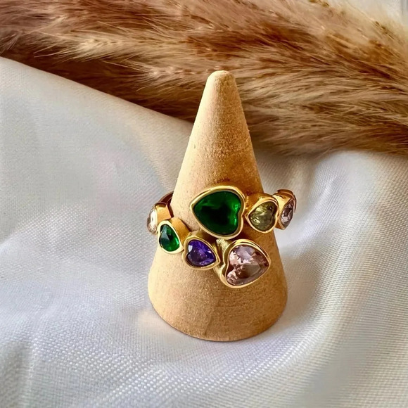 Diva Multicolor Crystal Heart 18K Gold Stainless Steel Waterproof Ring - Picture 3 of 17